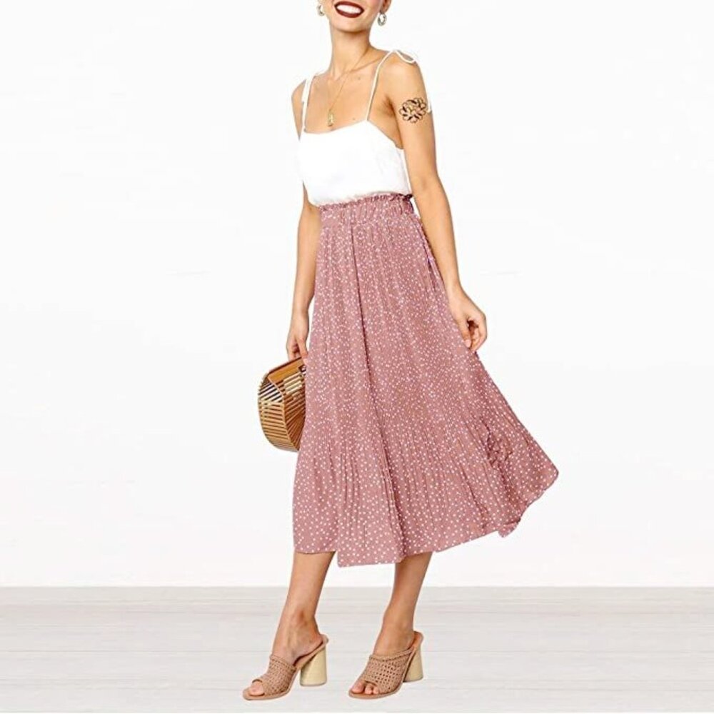 Pink Polka Dot Pleated High-Waist Swing Skirt